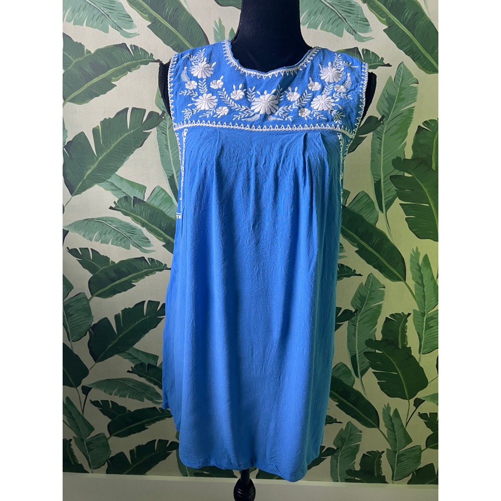 Little White Lies Embroidered Shift Dress Women Small Blue Boho
